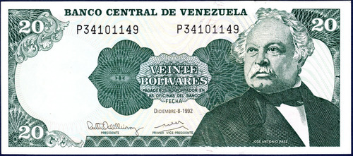 Billete 20 Bolívares P8 Diciembre 8 1992 José Antonio Páez
