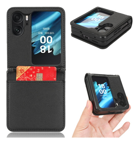 Funda De Piel De Cordero Negra Para Oppo Find N2 Flip