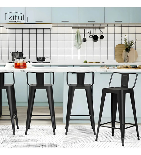Set 4 Bancos Metálico Alto Tolix Respaldo Barra Comedor Color Negro