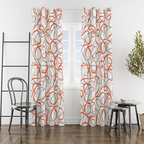 Cortinas Geométricas En Naranja, Gris Y Blanco 2 Paneles Con
