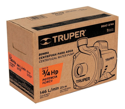 Imagen 4 de 4 de Bomba Centrifuga 3/4 Hp 110-220v 23mts 143 Lpm Truper 100389 Frecuencia 60hz Color Naranja