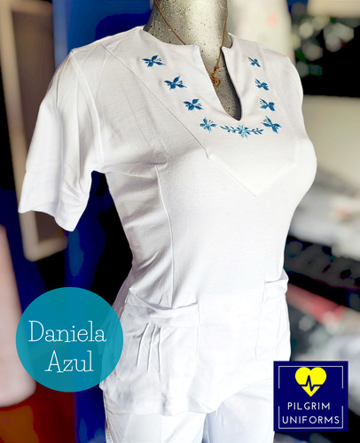 Uniforme Blanco, Clinico, Enfermeria, Modelo Daniela Azul