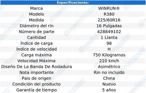 Llanta 225/60r16 Winrun R380 98h