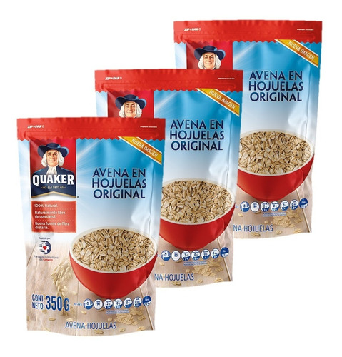Imagen 2 de 2 de Avena Quaker En Hojuelas Original 350 Gr X3 Uds