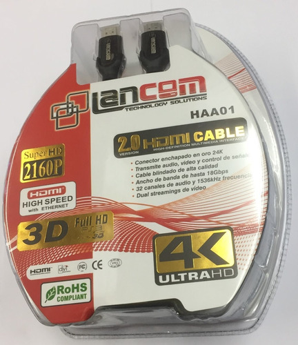 Cable Hdmi 2.0 De 20 Metros Lancom Para Tv Hd Conectores 24k