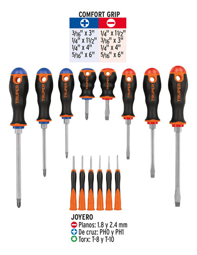 Juego De Desarmadores. Mango Comfort Grip. 14 Piezas. Bliste