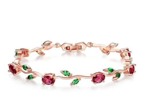 Pulsera De Rosas Y Hojas, Chapado Oro Rosa, Zircón. Joyería