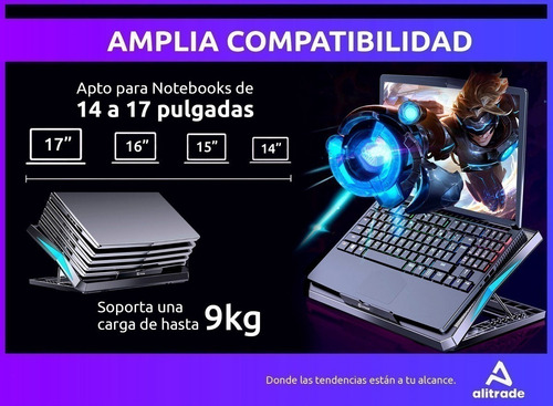Imagen 5 de 10 de Base Soporte Cooler Notebook 14 A 17p Luz 6 Alturas 6 Fans