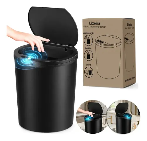 Lixeira Sensor Inteligente Preto 18l Redonda Abertura Automática Sensor De Toque Silenciosa Anti-odor Ideal Para Banheiro Cozinha Escritório
