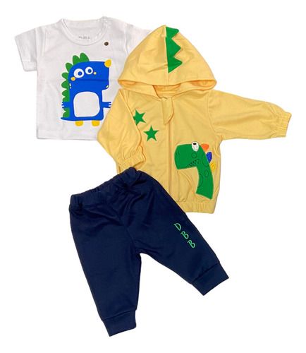 Buzo 3 Piezas 100% Algodón Capucha Con Estampado Dinosaurio