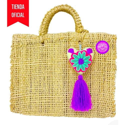 Bolsa De Ixtle Artesanal Con Pompon Varios Colores Mediana