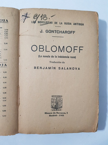 Oblomoff La Novela De La Indolencia Rusa Gontcharof