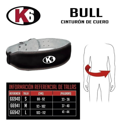 Imagen 8 de 8 de Cinturon Gym Pesas Cuero Gimnasio Crossfit Bull K6 Fitness