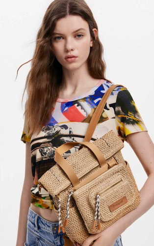 Bolsa Mochila Modular Mujer Desigual Rafia Beige