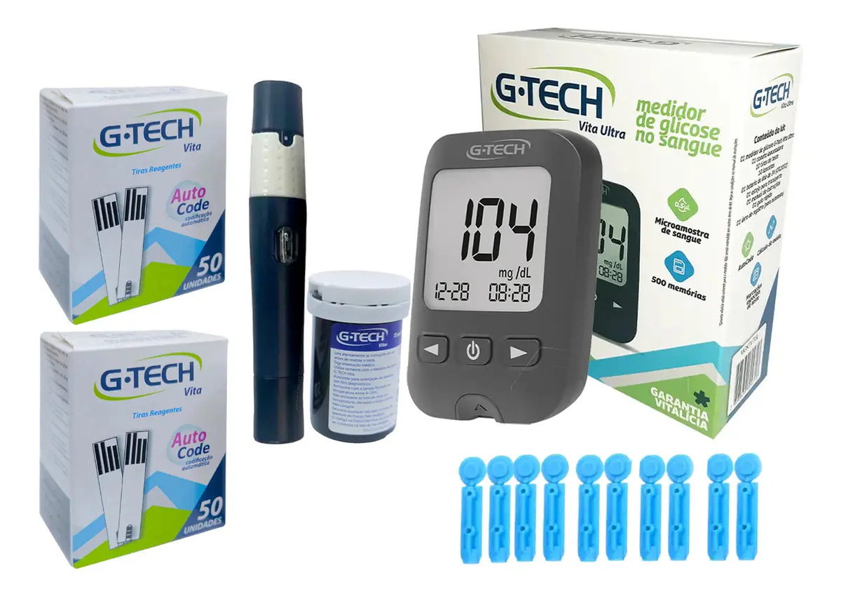 Medidor De Glicose G-tech Vita Ultra + 110 Tiras + Estojo + Lancetador + Lancetas Preto