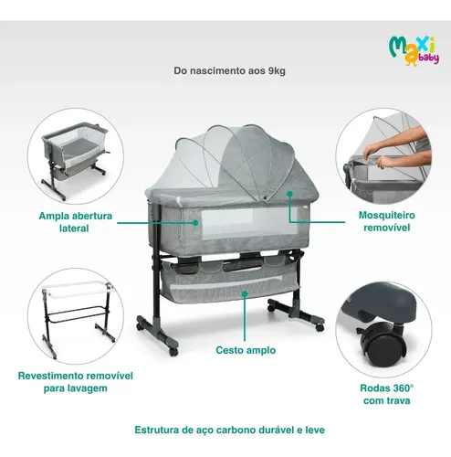 Berço Portátil Bebê Acoplado Co-Bed Connect Maxi Baby - CINZA: imagem 4