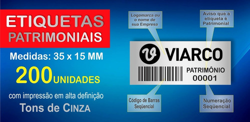 Etiquetas Patrimoniais Poliéster Cromo 40x15mm 200 Unidades