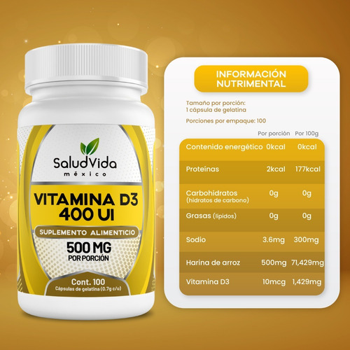 Imagen 2 de 3 de Vitamina D3 400iu 100 Cápsulas - Saludvida
