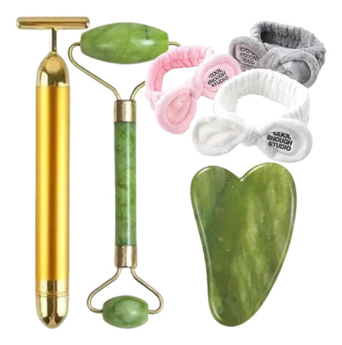 Pedra Jade Massageador Gold Faixa De Cabelo Kit Limpeza Pele