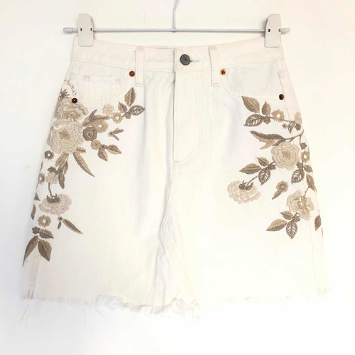 Pollera De Jean Abercrombie Blanca Con Flores Bordadas