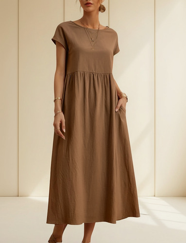 25, Vestido Suelto De Algodón Y Lino Con Bolsillo