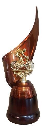 Trofeo Metálico Alegoría Base Madera Ciclismo 32cm