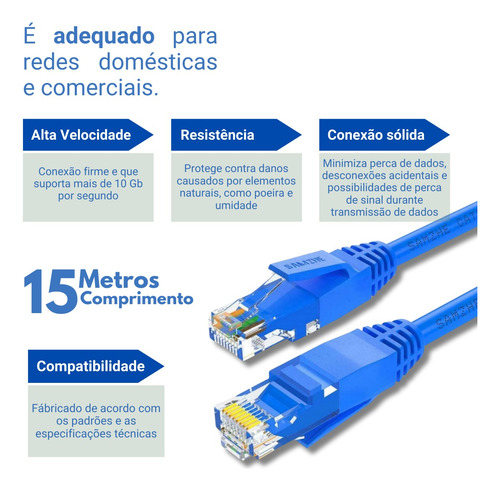 Cabo De Rede Ethernet 15m Cat6 Azul Lan Internet Crimpado