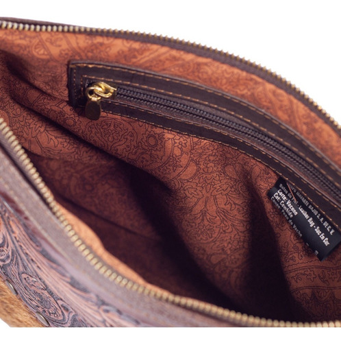 Bolsa tiracolo de couro cinzelado e enfeite de cabelo natural, cor de camelo, design de tecido de cabelo Catalina