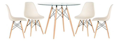 Kit Mesa Jantar Eames 100 Cm Tampo Vidro 4 Cadeiras Eifel Cor Da Tampa Creme