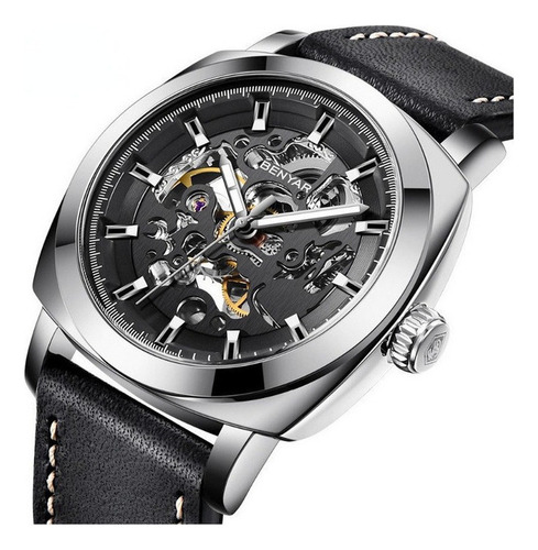 Relojes Mecánicos Casuales De Cuero Hueco Benyar Fondo Plata Negro