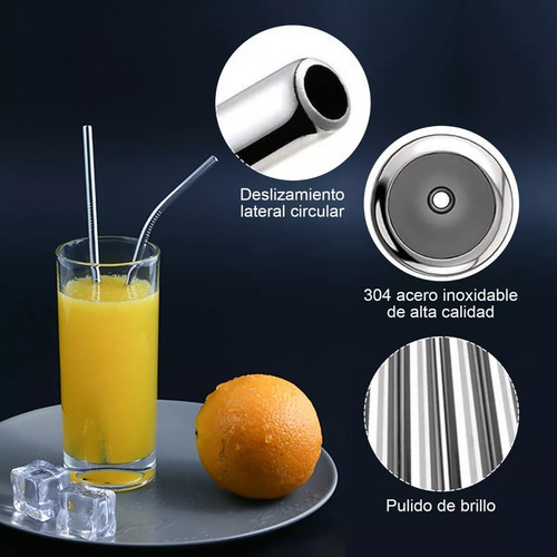 10 Popotes Metálicos Acero Inoxidable Curvo Recto + Cepillo