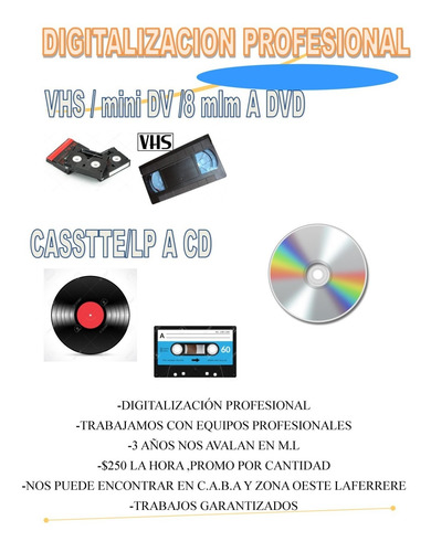 Imagen 1 de 5 de Digitalizacion De Vhs,cassette A Dvd,pen Drive