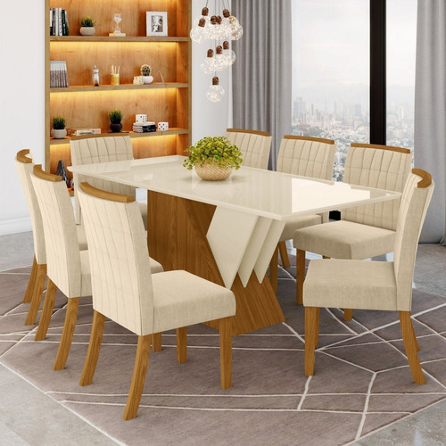 Conjunto sala de jantar Espresso Móveis Itália Ei com 8 cadeiras desenho quadrados mesa de  90cm comprimento máximo x 200cm de largura x 80cm de altura - Bege/Marrom