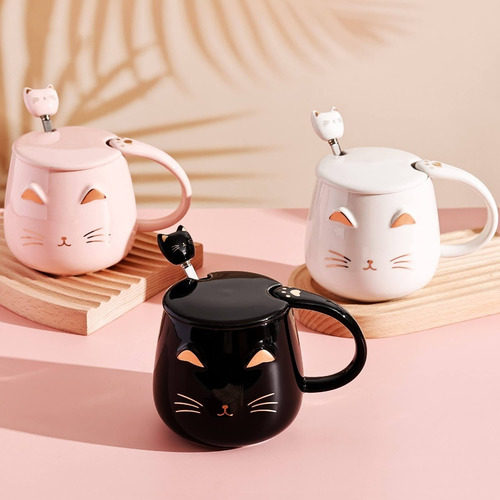 Taza De Cerámica Con Tapa Kawaii C/ Cuchara Inoxidable