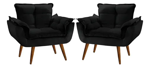 Kit 2 Poltrona Decorativa Opala Para Sala Recepção Luxo  Cor Preta Liso