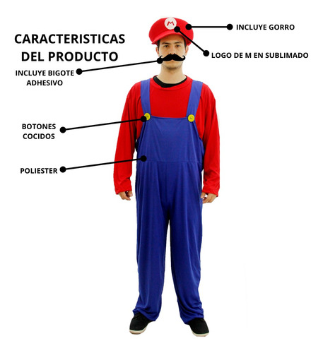 Imagen 3 de 8 de Disfraz De Mario Bros Con Bigotes Adulto