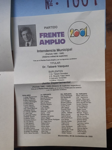 Elecciones Nacionales 1989 Frente Amplio Lista 1001 (Usado)