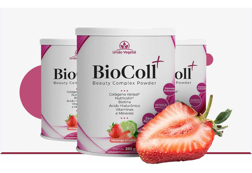 Colágeno Firmeza Da Pele Biocoll Morango C/ Limao 285g Sabor Morango e Limão