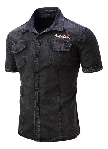 Camisa Jeans Masculina Manga Curta Blusa Nostálgica