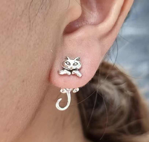 1 Hermoso Par Aretes De Gato Plateado