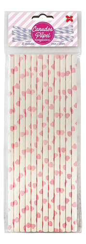Canudo De Papel Branco Com Coração Rosa 6mmx200mm 12 Un