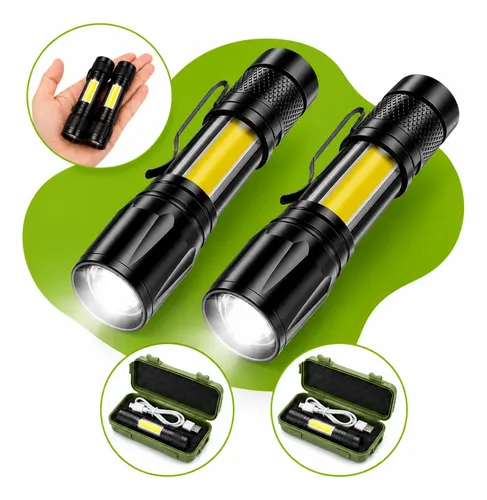 Kit 2 Mini Lanterna Led Tática Luz Potente Usb Recarregável Branco Preto