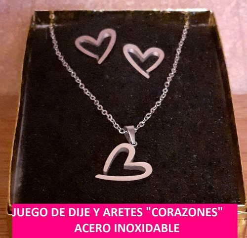 Coordinado Corazones Dije Y Aretes Acero Inox Rodio Dama