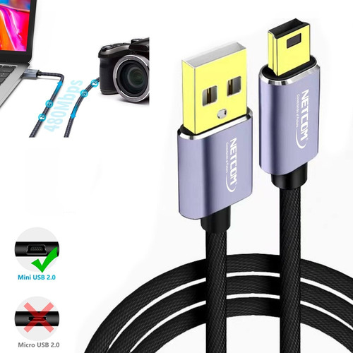 Cable Usb 2.0 A Mini Usb V3 5 Pins 480mbps Nylon Netcom 1.8m