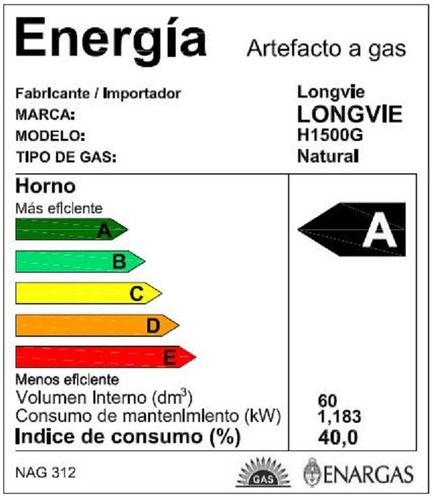 Imagen 2 de 2 de Horno A Gas Longvie H1500g Con Grill Eléctrico De Empotrar
