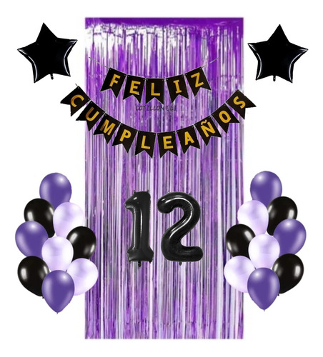 Combo Deco Cumple Violeta Negro Globos Cortina Merlina