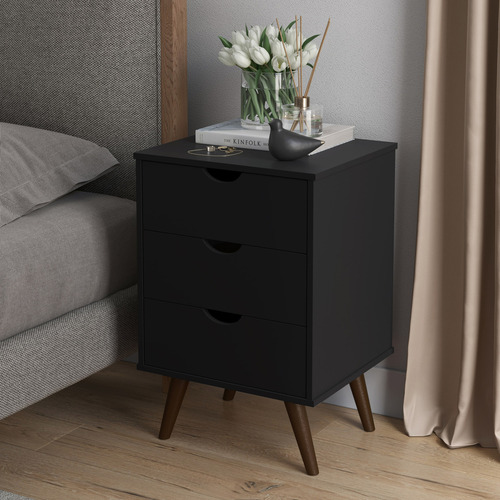 Mesa De Cabeceira 3 Gavetas Pé Palito Retrô Preto Damasco