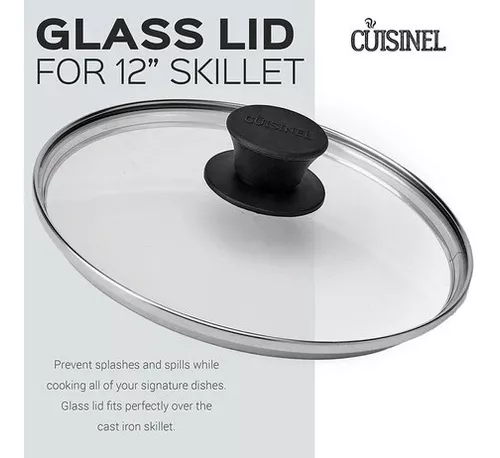 Cuisinel Sartén de hierro fundido – 12 pulgadas + tapa de vidrio + cubierta  de mango de silicona – Utensilios de cocina presazonados para horno –