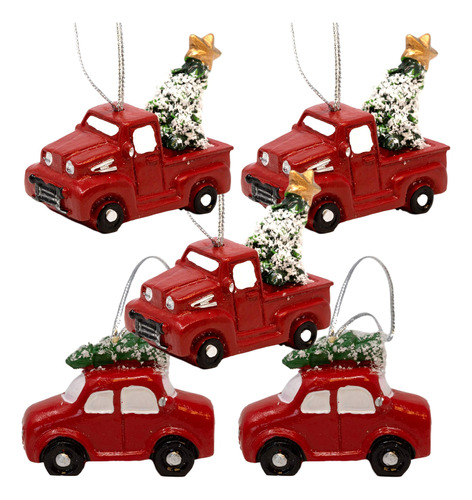 Adornos De Navidad De Camión Rojo - 3 Camionetas Y 2 Autos.