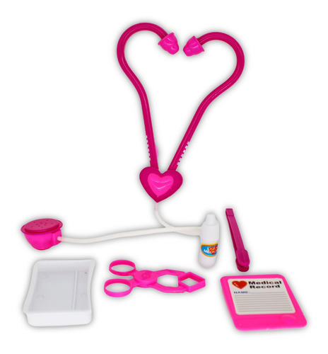 Imagem 5 de 7 de Kit Medico Brinquedo Pink 6pçs Estetoscópio Pinça Alicate